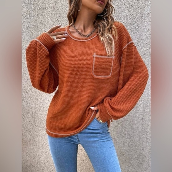 Sweaters - Women’s Long Sleeve Waffle Sweater Oversized Boho Knit Tunic Rust Orange Large